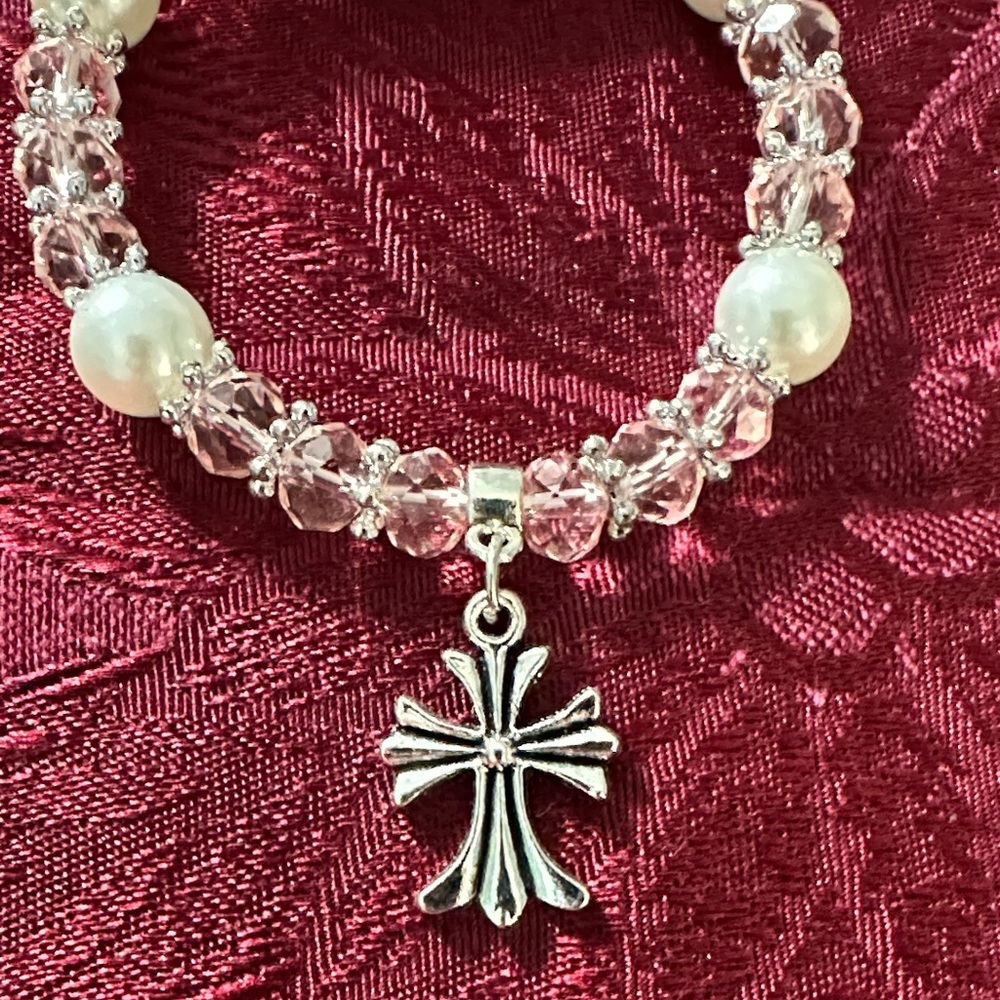 Elegant Pink Glass Beads and Silver Cross Charm Bracelet